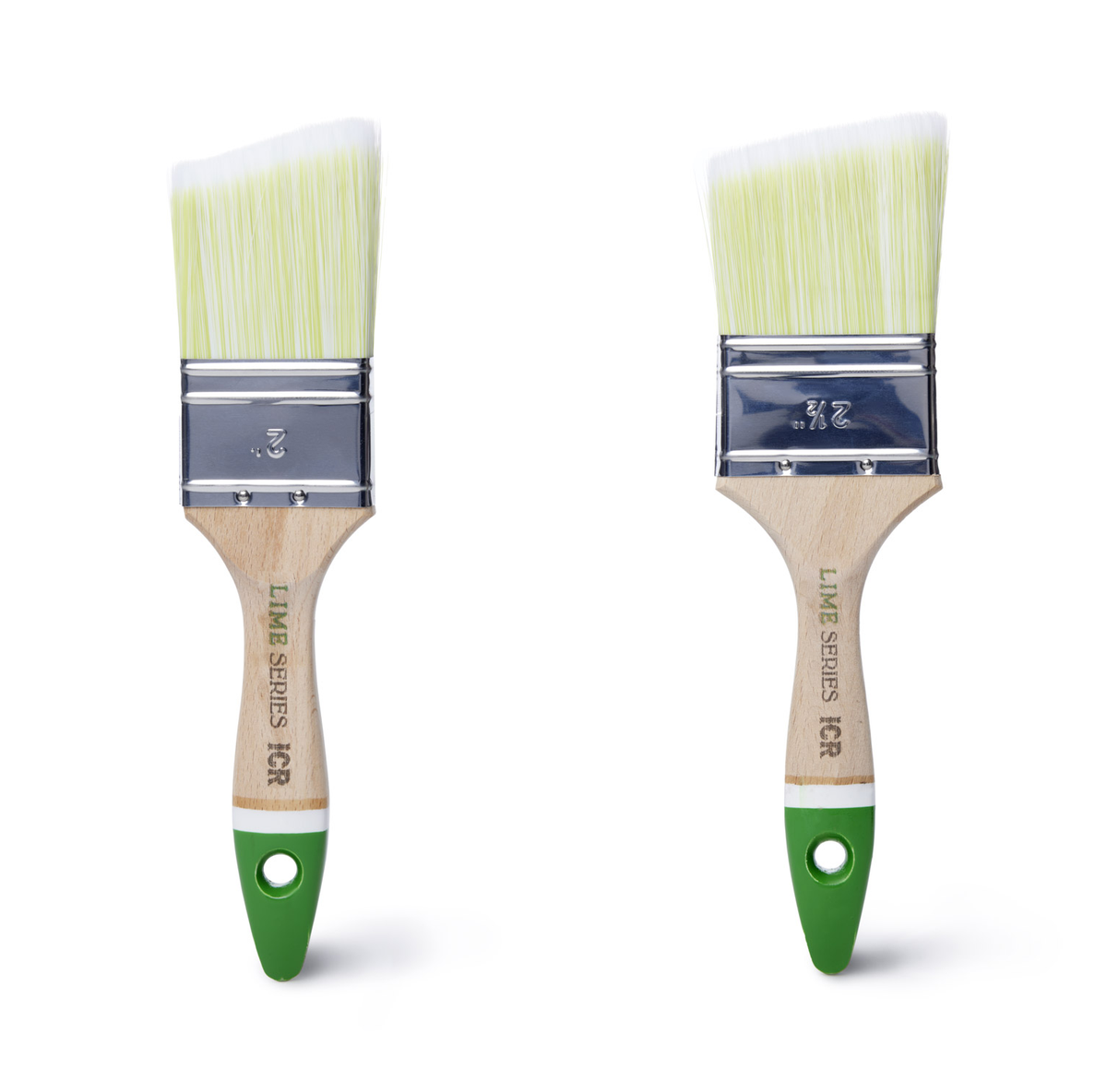 Two ICR Lime Series chisel tip brushes with pale green bristles and green-tipped wood handles