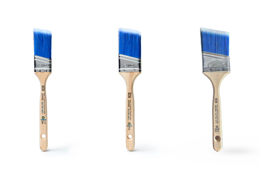 Three Bulova Uni Blue angled brushes in graduated widths with blue bristles and wood handles