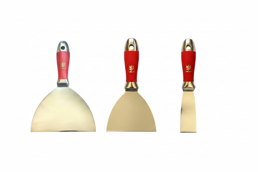 NELA stainless steel putty knives all three sizes side by side on white background